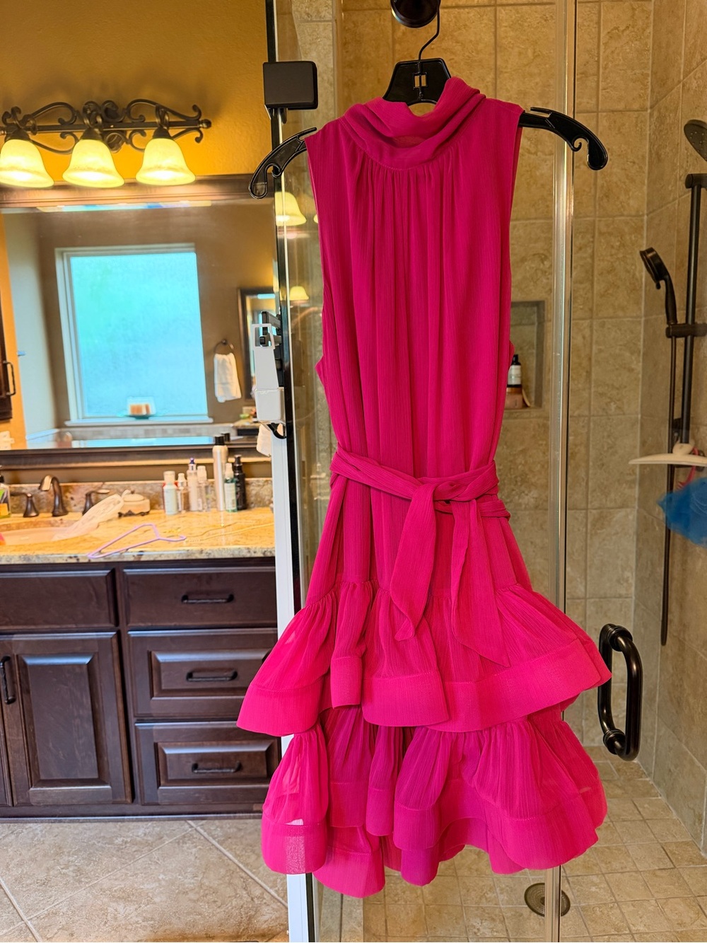 Hot Pink Tiered Ruffle Sleeveless Dress with Waist Tie